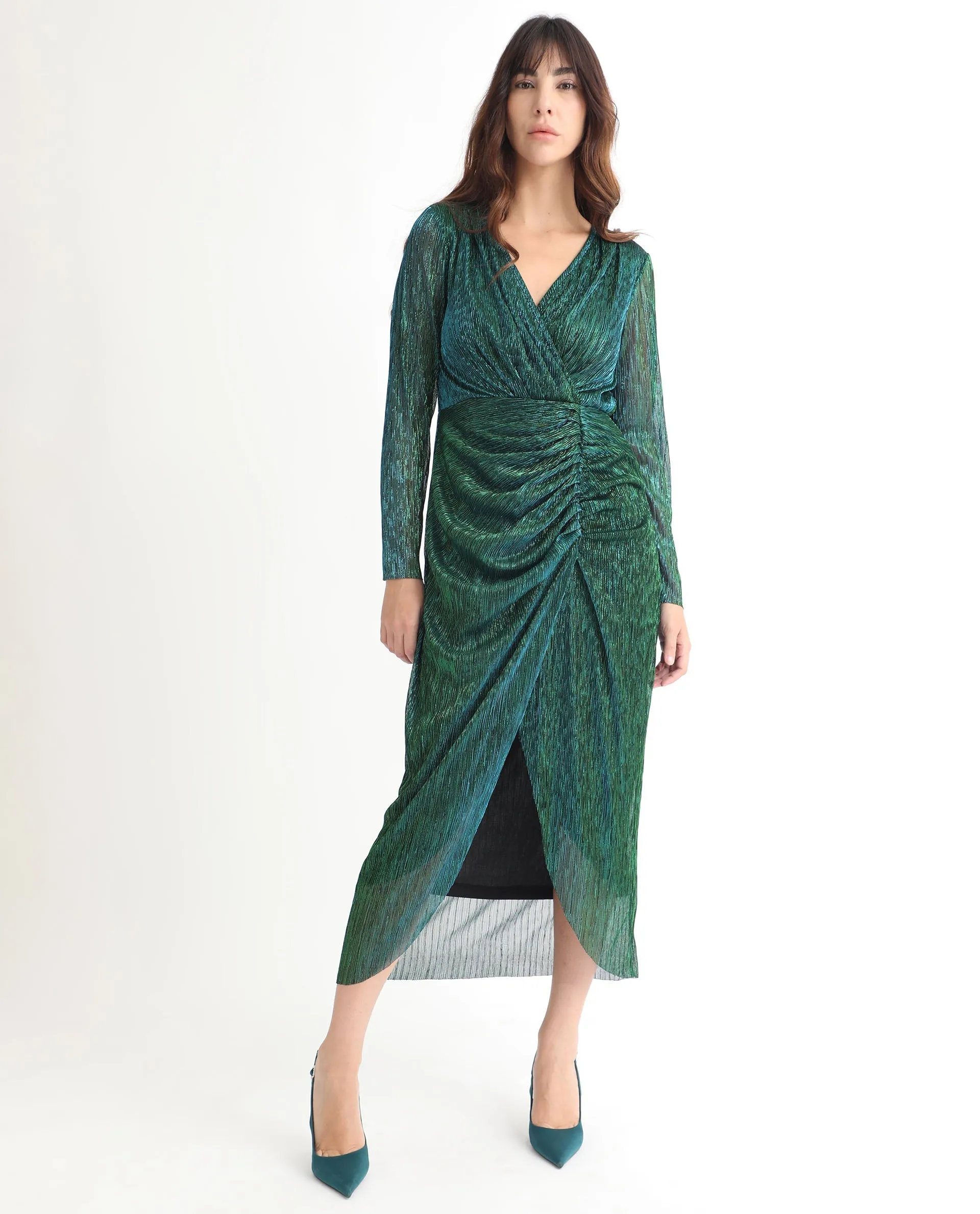 Rareism Women Siga Metallic Green Gathered Front Slit Full Sleeves Wrap Midi Dress