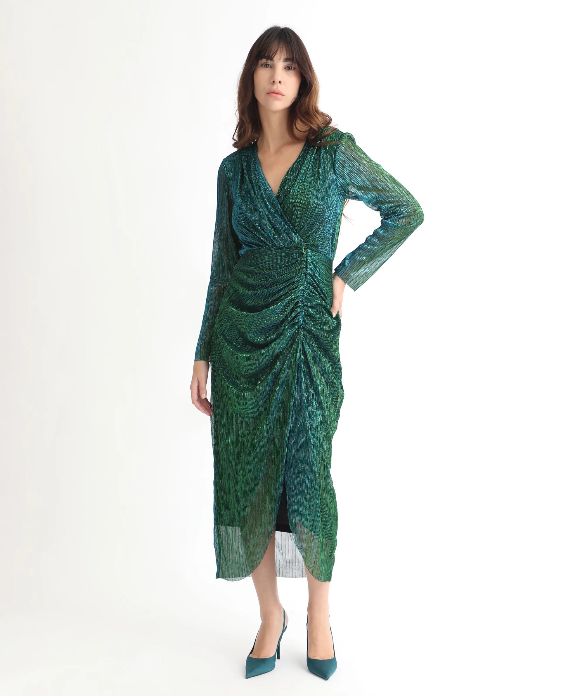 Rareism Women Siga Metallic Green Gathered Front Slit Full Sleeves Wrap Midi Dress