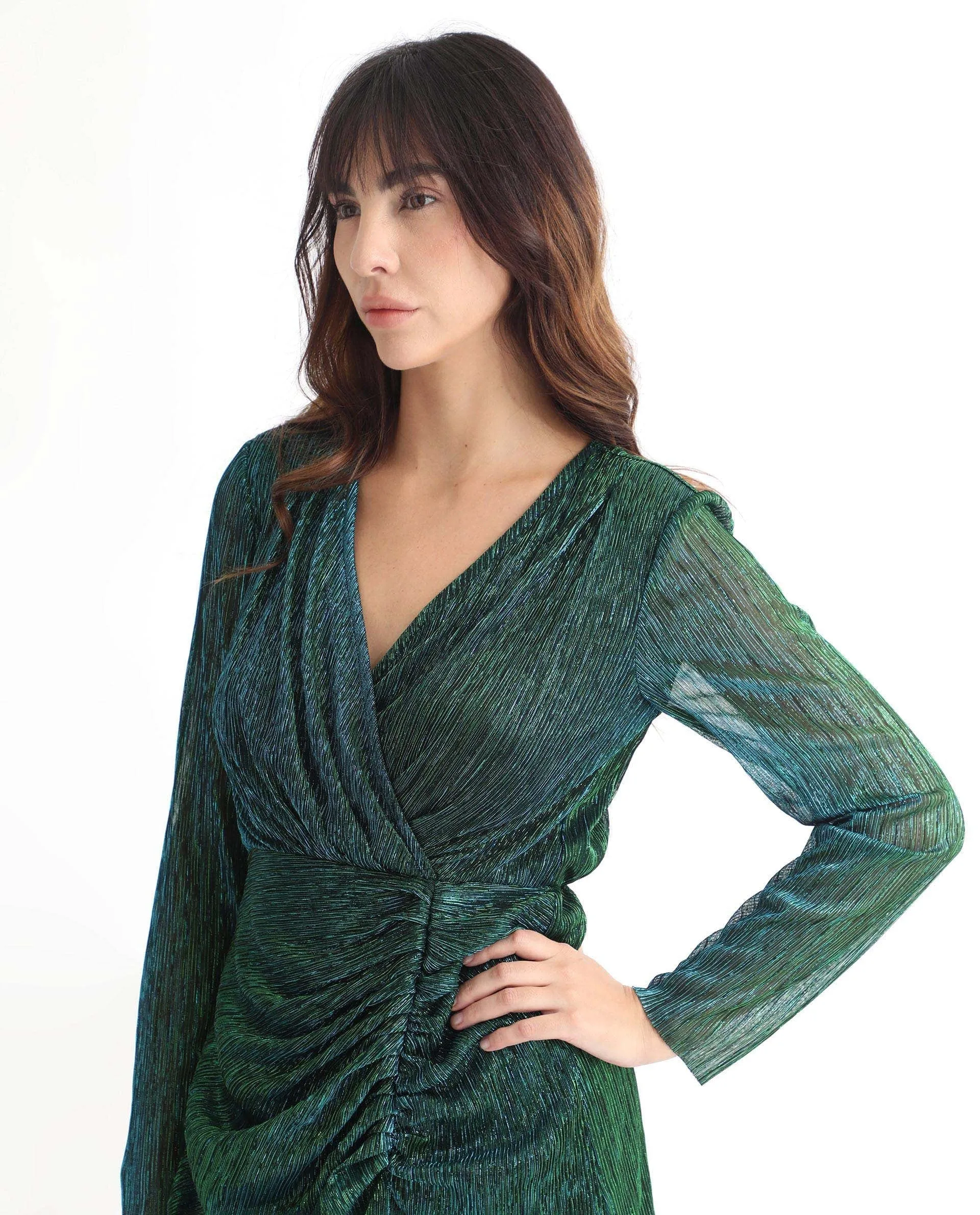 Rareism Women Siga Metallic Green Gathered Front Slit Full Sleeves Wrap Midi Dress