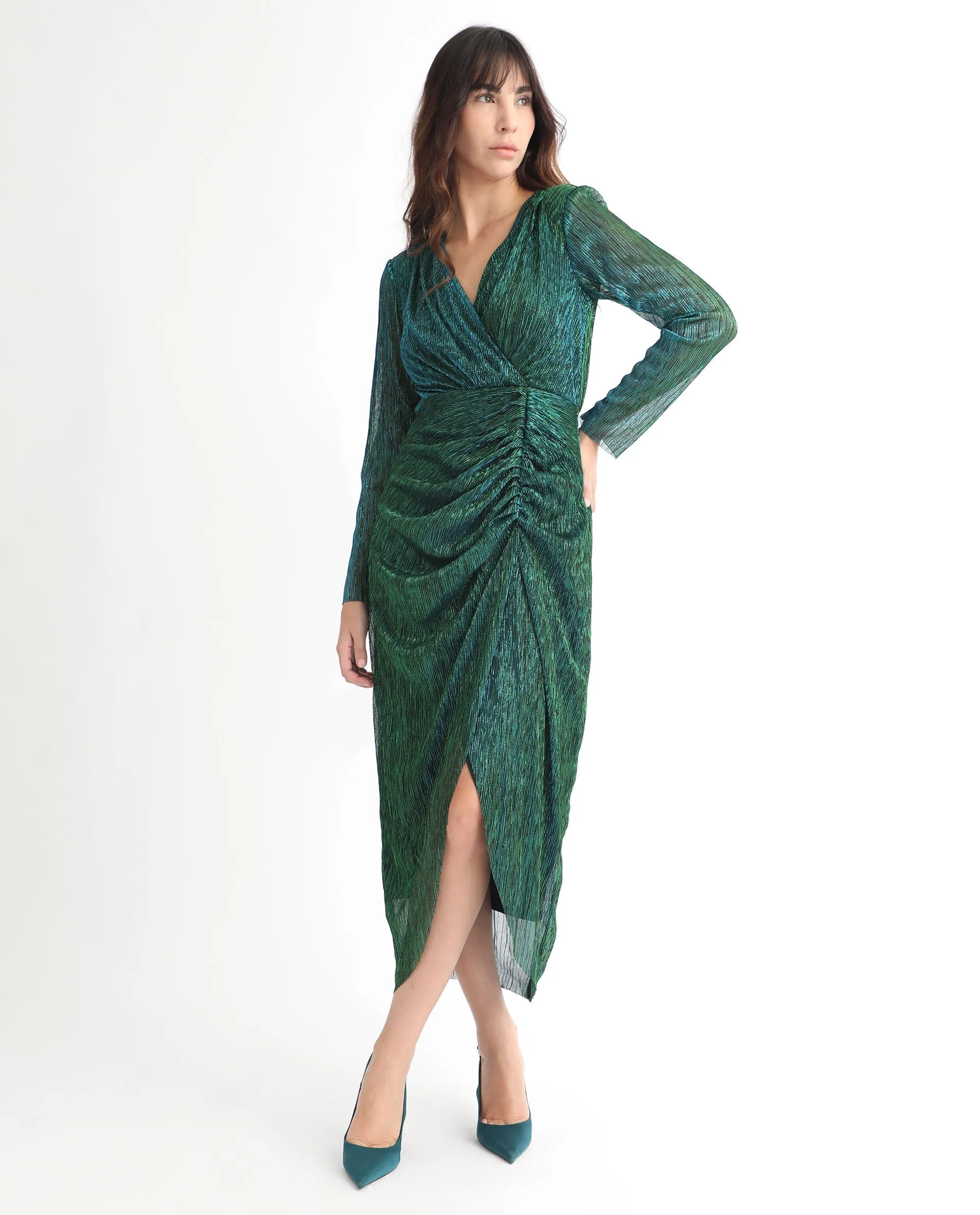 Rareism Women Siga Metallic Green Gathered Front Slit Full Sleeves Wrap Midi Dress