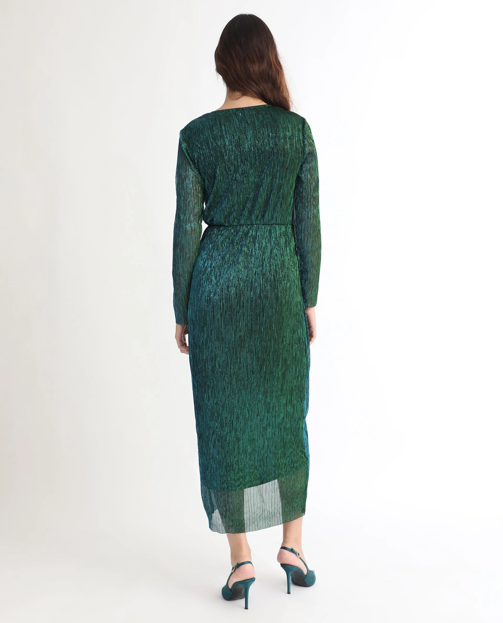 Rareism Women Siga Metallic Green Gathered Front Slit Full Sleeves Wrap Midi Dress