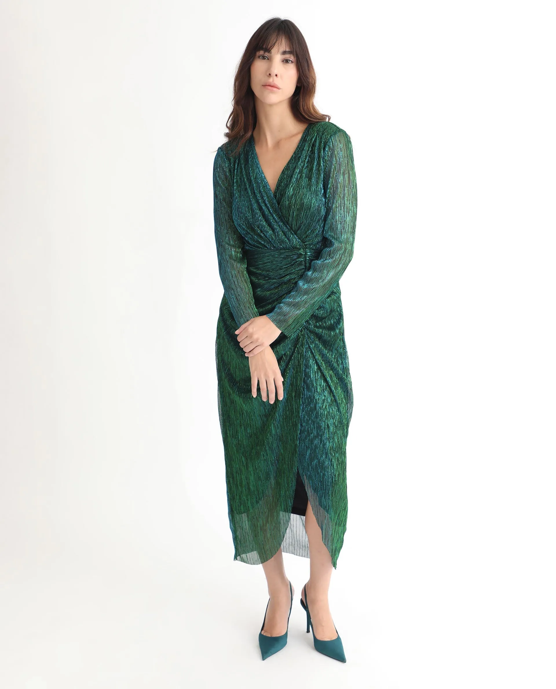 Rareism Women Siga Metallic Green Gathered Front Slit Full Sleeves Wrap Midi Dress