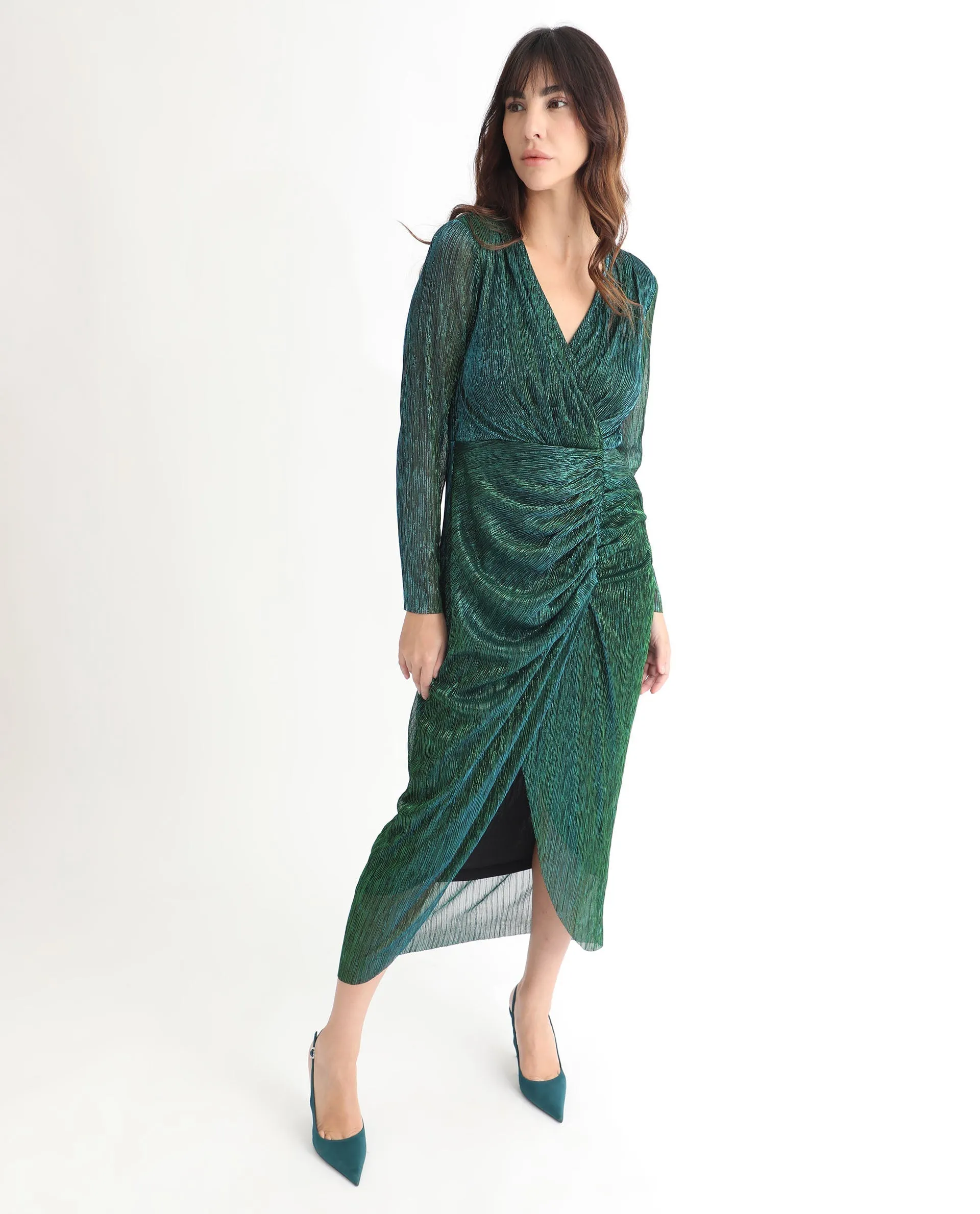 Rareism Women Siga Metallic Green Gathered Front Slit Full Sleeves Wrap Midi Dress