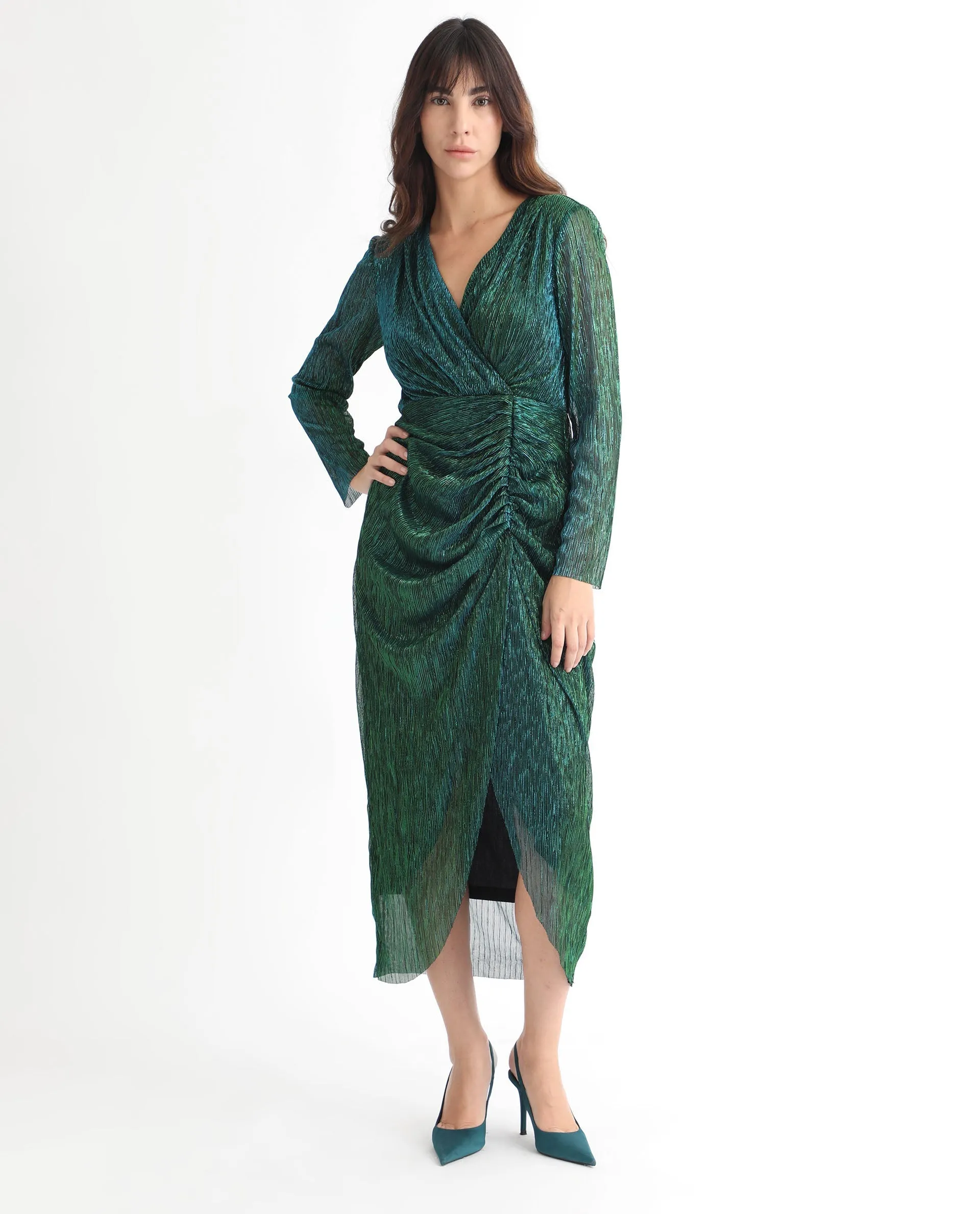 Rareism Women Siga Metallic Green Gathered Front Slit Full Sleeves Wrap Midi Dress