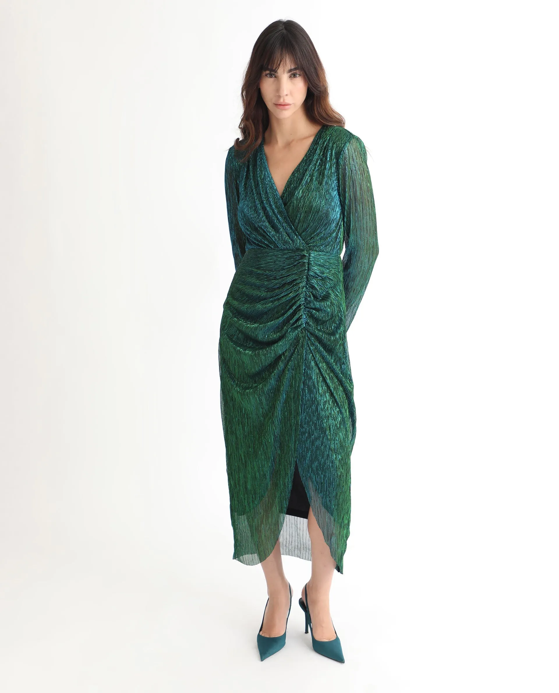 Rareism Women Siga Metallic Green Gathered Front Slit Full Sleeves Wrap Midi Dress