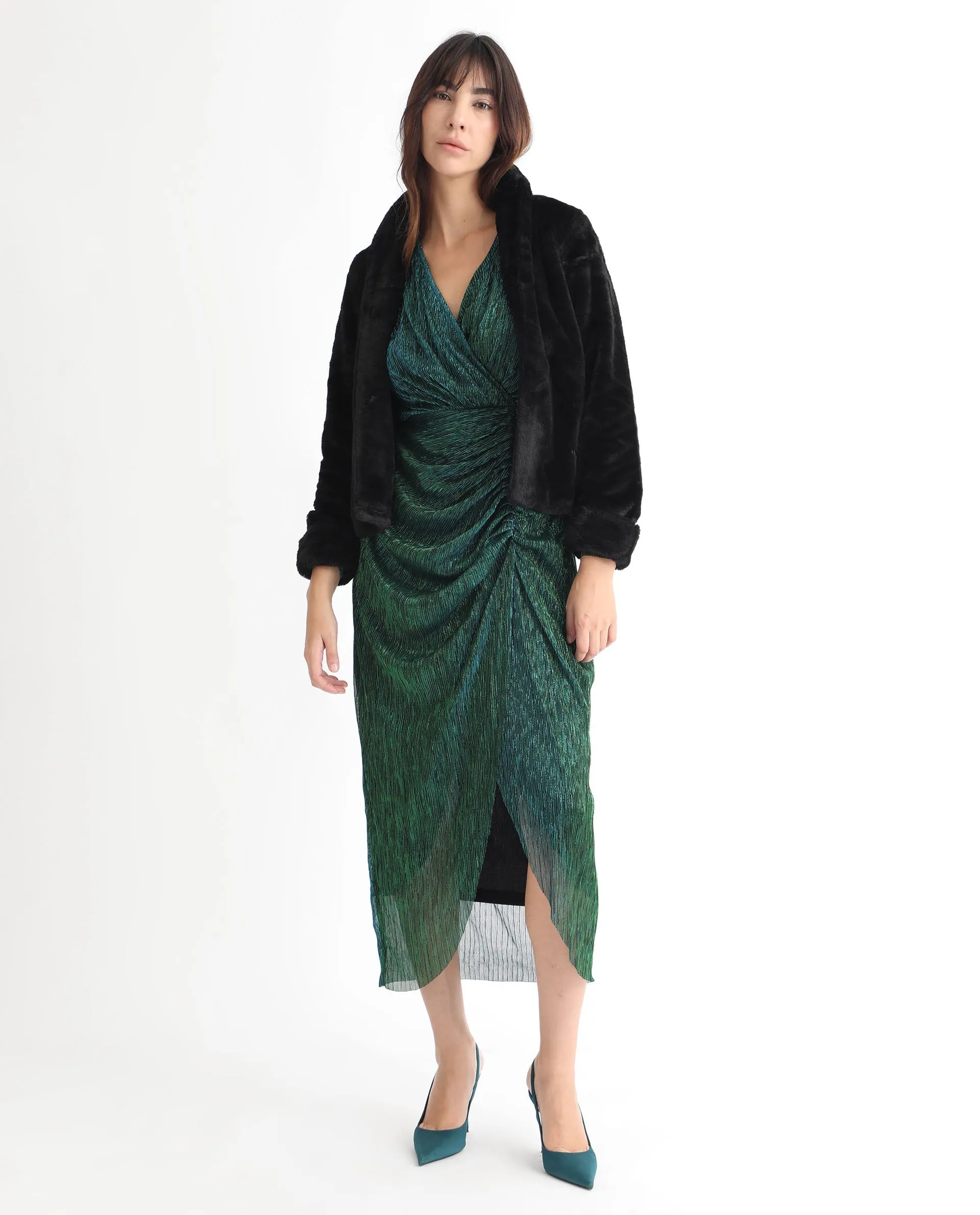Rareism Women Siga Metallic Green Gathered Front Slit Full Sleeves Wrap Midi Dress
