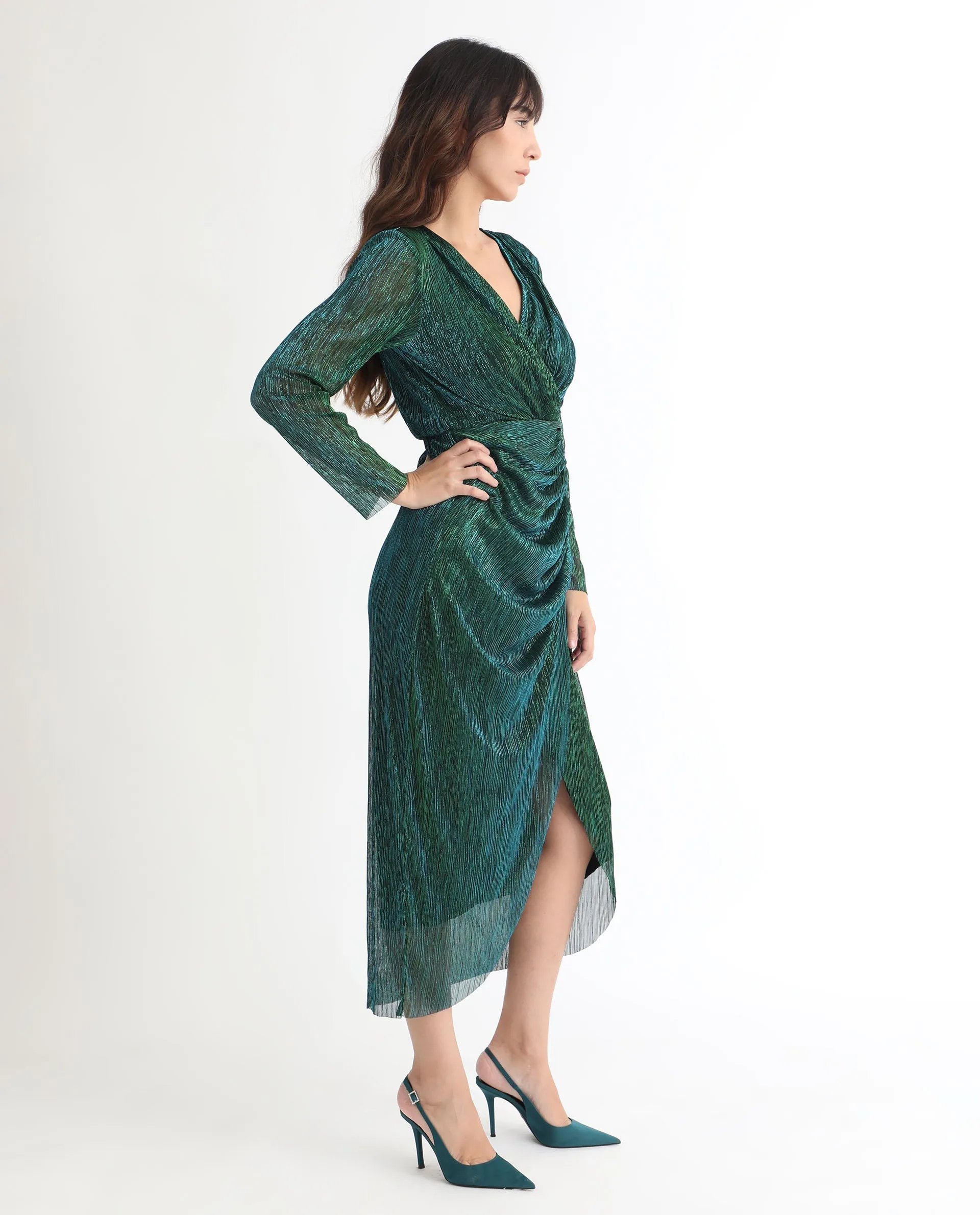 Rareism Women Siga Metallic Green Gathered Front Slit Full Sleeves Wrap Midi Dress