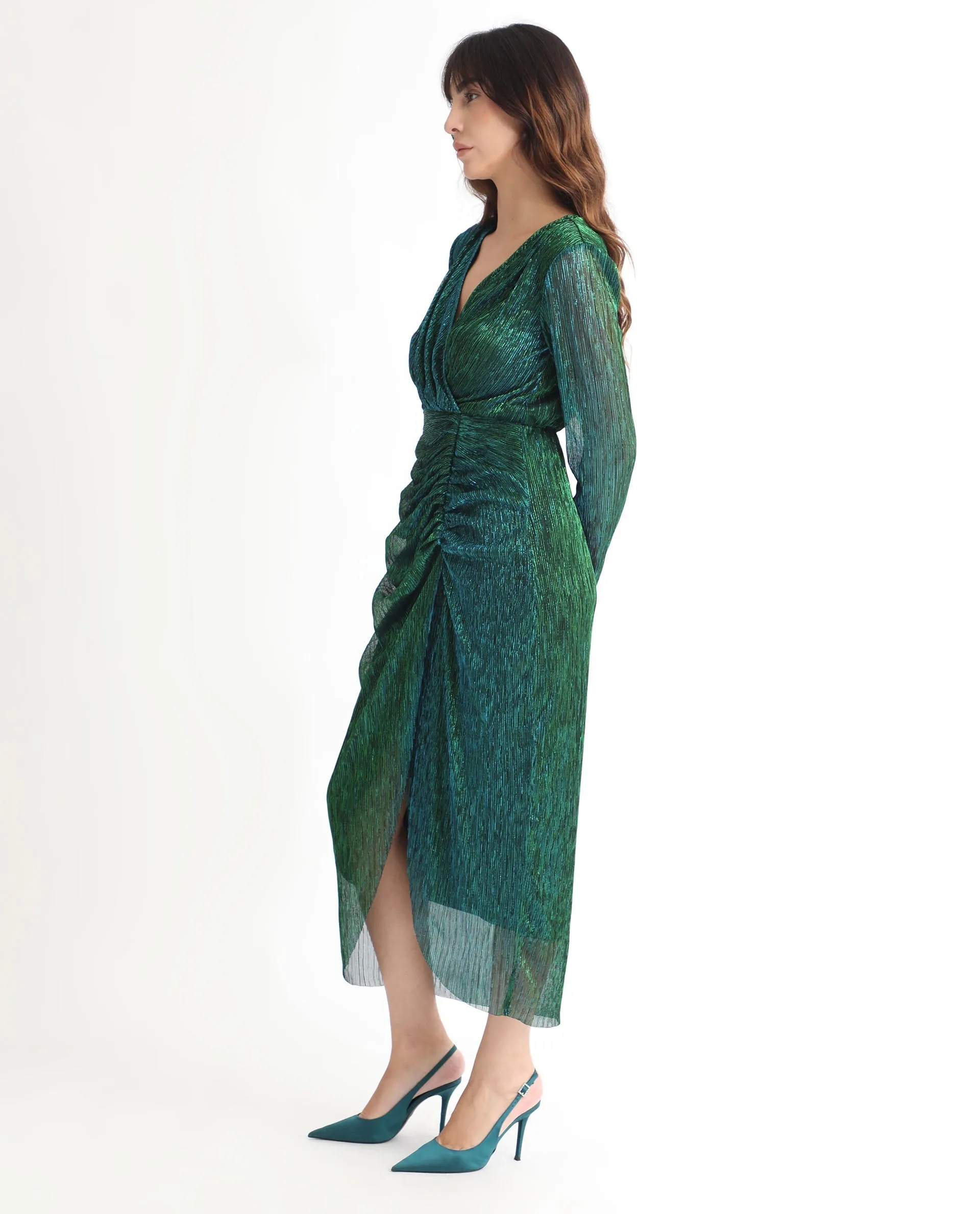 Rareism Women Siga Metallic Green Gathered Front Slit Full Sleeves Wrap Midi Dress